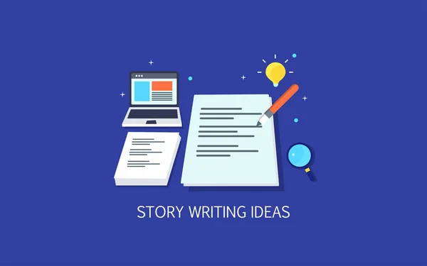 故事写作理念 文案写作 独特的内容开发平面设计插图与蓝色背景图标 — 图库矢量图片