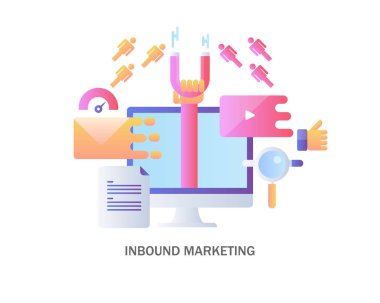 Renkli gelen pazarlama, online müşteriler düz tasarlamak vektör beyaz zemin üzerine çeken kavramı