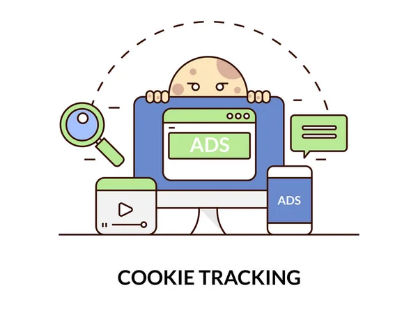 行ベクトル イラスト Cookie のトラッキング オンラインの動作を監視 追跡データを閲覧 — ストックベクタ
