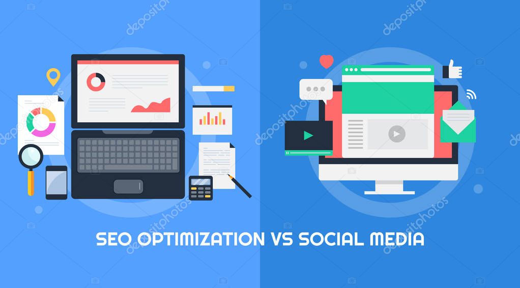 SEO optimization vs Social Media colorful banner