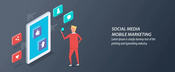 Sociala Medier Mobil Marknadsföring Färgglada Banner — Stock vektor