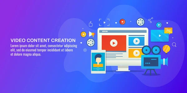 Criação Conteúdo Vídeo Banner Colorido — Vetor de Stock