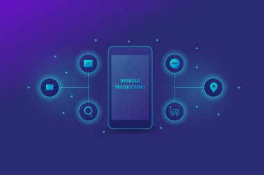 Akıllı telefon ekranında dijital pazarlama ve iletişim simgeleri ile degrade arka planda görüntüleyen mobil pazarlama metni.