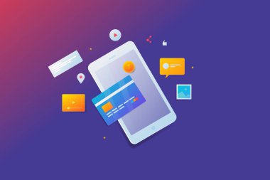 Dijital pazarlama, mobil ödeme, mobil alışveriş, kredi kartı, video ve diğer pazarlama simgeleri ve öğeleri, vektör web banner.