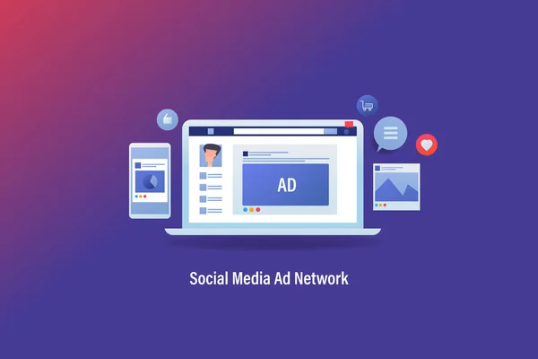 Επίπεδη Έννοια Μάρκετινγκ Στα Μέσα Κοινωνικής Δικτύωσης Διαφήμιση Κοινωνικό Δίκτυο — Διανυσματικό Αρχείο