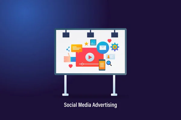 Reklama Mediach Społecznościowych Media Społecznościowe Marketing Cyfrowy Koncepcyjny Baner Wektorowy — Wektor stockowy