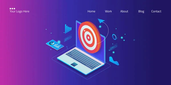 デジタルターゲットマーケティングのアイソメ設計コンセプト ウェブサイト分析 成功したビジネス目標 Webテンプレート ベクトルバナー — ストックベクタ