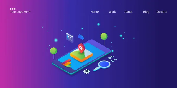 ローカルSeo モバイル最適化 検索マーケティングコンセプトアイソメトリックウェブバナー アイコンとテキスト付き — ストックベクタ