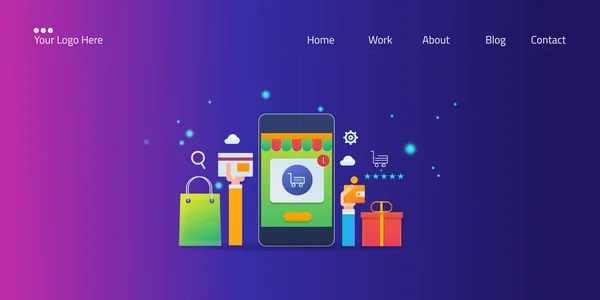 Compras Online Com Smartphone Aplicativo Compras Móvel Site Comércio Eletrônico — Vetor de Stock