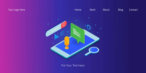 Isometrisch Ontwerpconcept Van Spraakzoekoptimalisatie Spraakassistent Mobiele Seo — Stockvector