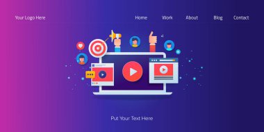 Viral video pazarlama, sosyal medya nişan, dijital içerik, video içeriği viral kavramı gitti, web banner vektör şablonu.