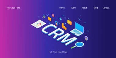 İzometrik metin, müşteri ilişkileri yönetimi, crm sistemi, 3d tarzı web banner.