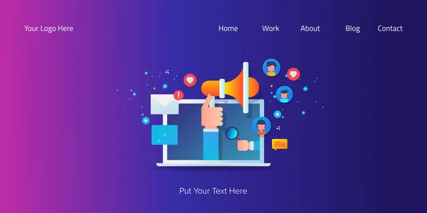 ソーシャルメディア インフルエンサーマーケティング デジタルメディア ウイルスコンテンツ オーディエンスエンゲージメントコンセプト ウェブサイトのベクトルウェブバナー ブログ アプリ — ストックベクタ
