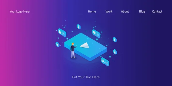 人触摸大蓝色视频图标 Seo 社交媒体和数字营销概念 3D等轴测网络横幅 — 图库矢量图片