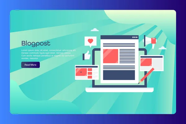 Blog yazısı Düz tasarım kavramı, içerik yazma, dijital pazarlama ve promosyon, web günlüğü kavramı, vektör afiş şablonu.