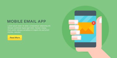 Mobil e-posta mesajı düz tasarım kavramı, bülten bildirimi, dijital pazarlama, ekranda el tutan akıllı telefon e-posta bildirimi, web banner.