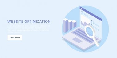 Web sitesi optimizasyonu, seo, web trafiği, veri analizi, içerik arama isometrik tasarım konsepti, düz afiş şablonu.