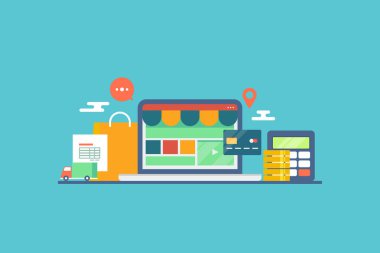 Online alışveriş, e-ticaret, online sipariş, teslimat, ödeme, düz tasarım illüstrasyon, iş ve teknoloji kavramı.