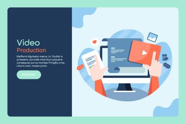 Video üretimi, animasyon yapımı, komut dosyası oluşturma, video düzenleme yazılımı kavramı, vektör afiş, metin ile web şablonu