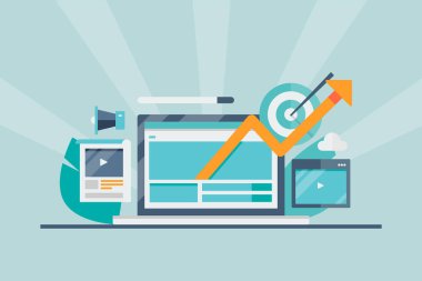 Dijital medya, internet pazarlama teknolojisi online iş, içerik promosyon, hedef pazar konsepti büyümek. Düz tasarım vektör afiş şablonu.