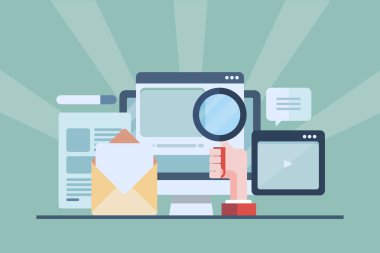 Seo optimizasyonu, arama motoru, web sitesi ziyaretçi katılımı, arama pazarlama kavramı gelen artan kalite trafik. Düz tasarım web afişi.