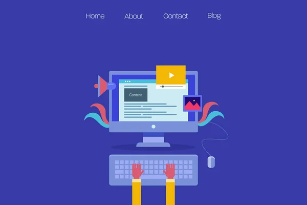 コンテンツの執筆 ウェブサイトオーディエンス向けのデジタルマーケティング フラットデザインベクトルイラスト ウェブバナー プレゼンテーション テンプレート — ストックベクタ