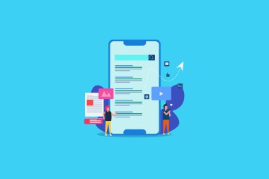 Mobil pazarlama stratejisi, hedef kitleye ulaşmak, dijital içerik, video, reklamlar, seo, sosyal medya kavramı. Karakter figürlü düz tasarım afişi.