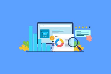 E-ticaret analitik, veri odaklı pazarlama, müşteri kararı, inceleme, deneyim kavramı, karakter rakam lı düz tasarım vektör afişi.