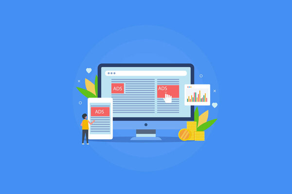 Responsive web site design, web marketing, digital display advertising, mobile ad network, paid campaign concept with character figure, flat design vector banner.