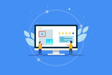 Web sitesi içerik değerlendirmesi, kalite içeriği değerlendirmesi, birinci sınıf içerik, sosyal medya, internet pazarlama konsepti. Simgesi olan düz tasarım kavramsal pankart.