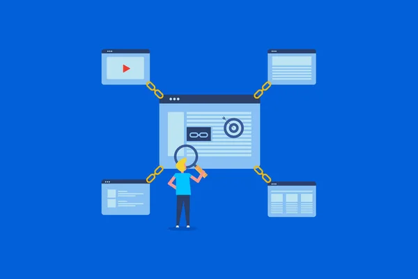 Seo için bağlantı oluşturma, bağlantı kurma stratejisi, web sitesi optimizasyon konsepti, vektör pankartı, web şablonu.