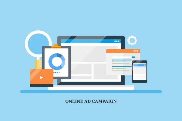 Digitale Werbekampagne Website Anzeigenmanagement Suchmaschinenmarketing Werbeanalyse Information Datenüberwachungskonzept Flaches Design — Stockvektor