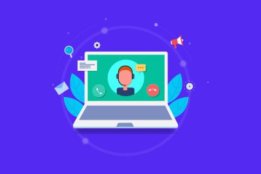 Video görüşmesi, müşteri desteği, müşteri yardımı, yardım hattı operatörü, görüntülü sohbet asistanı konsepti. Düz tasarım vektör pankartı.