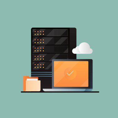 Bulut bilgisayarı, web sunucusu, veri merkezi, çevrimiçi dosya arşivi, ağ bağlantı teknolojisi. Düz tasarım web pankartı.