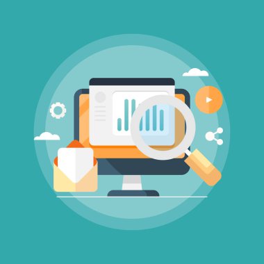 E-posta pazarlama, e-posta veri analizi, haber tanıtımı, dijital reklam teknolojisi konsepti. Düz biçim web pankartı şablonu.