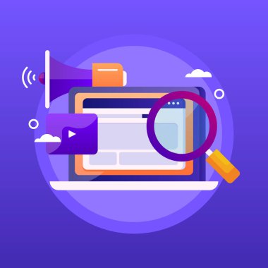 Dijital pazarlama stratejisi, dijital medya, seo, video pazarlama kampanyası. Düz tasarım web pankartı şablonu.