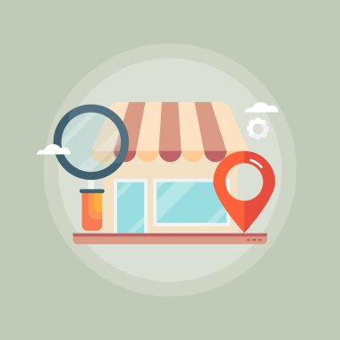 Çevrimiçi alışveriş, yerel mağaza optimizasyonu, yerel iş seosu, harita konsepti. Sunum, blog, web sitesi için düz tasarım web afişi.