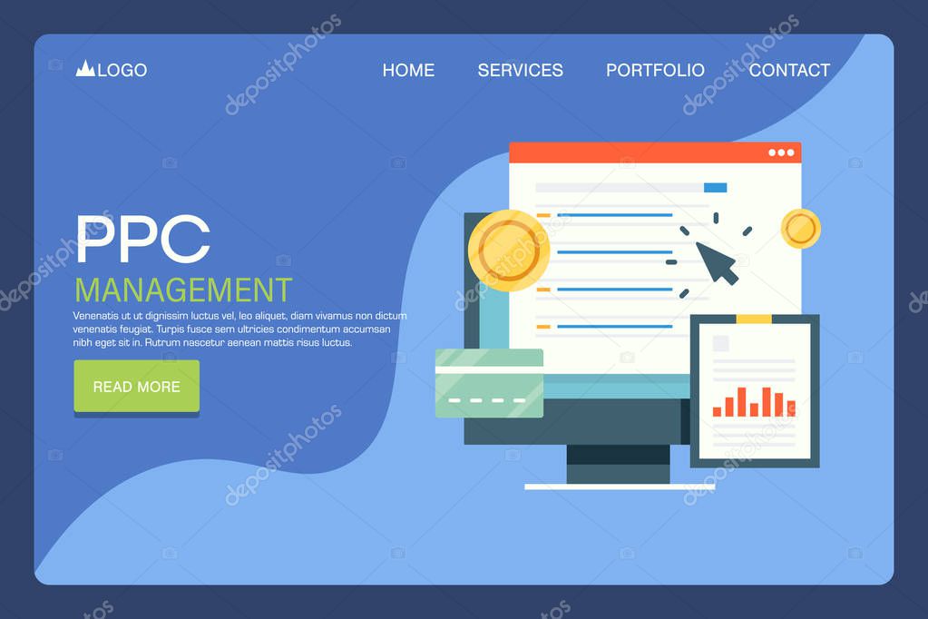 Ppc management, cost per click program, search engine marketing, digital advertising, internet web technology concept. Flat design landing page template.