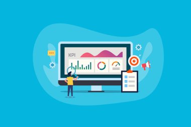 İş analitiği, büyük veriler için teknoloji, anahtar performans göstergesi, iş zekası kpi, adam izleme kpi metrikleri, web pankartı, sunum, şablon. Düz tasarım vektörü kavramı.