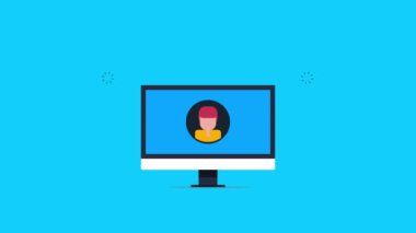 Çevrimiçi toplum, sosyal ağ. İnsanlar dijital iletişim teknolojisi, video konferansı ve uzak ofis toplantısı yoluyla birbirleriyle etkileşime geçiyorlar. Canlı yayın ve webinar konsepti. 2d animasyon, video klibi.