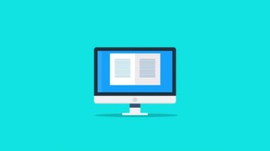 Dijital eğitim, e-öğrenme ve online öğrenim kavramı. Bilgisayar ekranında fare imleç görüntüsü ile kitap sayfası çevriliyor. 2d animasyon video klibi. İnternet ve iletişim teknolojisi.
