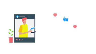 Sosyal medya pazarlama konseptini etkiliyor. Video blogcusu izleyicileri kendine çekiyor ve yorum yapıyor, sosyal medyada aşk yaşıyor, marka kimliği yaratıyor. Gelen pazarlama konsepti. 2d karakter canlandırma video klibi.