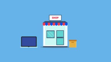 Küçük işletme pazarlaması, çevrimiçi alışveriş merkezi konumu ve online dağıtım konseptiyle ekommerce. 2d animasyon video klibi.