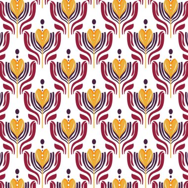 Afrika etnik kabile dokusu desenleri, beyaz bir arka planla güzel bir etnik zıtlığa sahip yumuşak pembe ve sarı tonlarda çiçeklerin dizaynını ön plana çıkarıyor. Etnik ve parlak kompozisyon onu tekstil için mükemmel kılacak yeni ve canlı bir hava katıyor., 