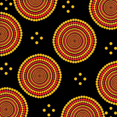 Hint etnik kabile dokusu deseninde parlak turuncu tonlarda kalın yuvarlak motifler bulunur. Etnik bir zıt zıt zemin, sıcaklık, hareket ve kültürel sembolizm dizaynı. Dairesel biçimler geleneksel kabile sanatını yansıtıyor. 