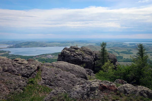 Vista Panorâmica Lago Bannoe Partir Topo Das Montanhas Dos Urais — Fotografia de Stock