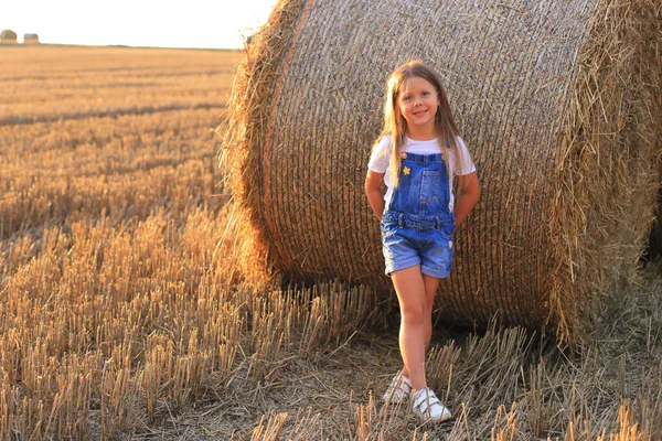 Beautiful little girl stands near a haystack in a summer field — Stock Photo, Image