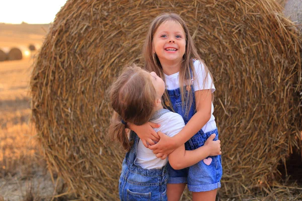 Novias abrazándose cerca de un pajar en un campo en verano —  Fotos de Stock