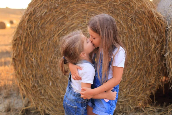 Girlfriends cuddling near a haystack in a field in summer — Stock Photo, Image