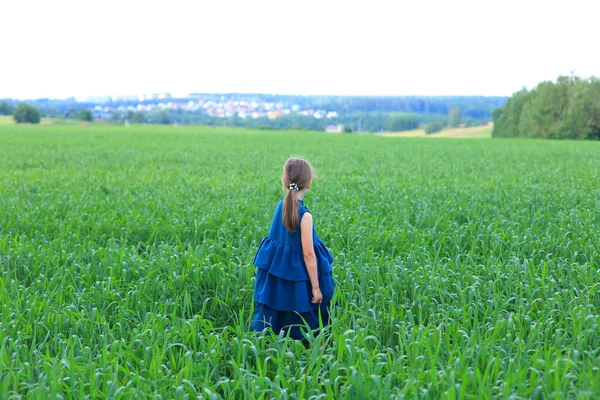 Schönes kleines Mädchen läuft im Sommerfeld — Stockfoto